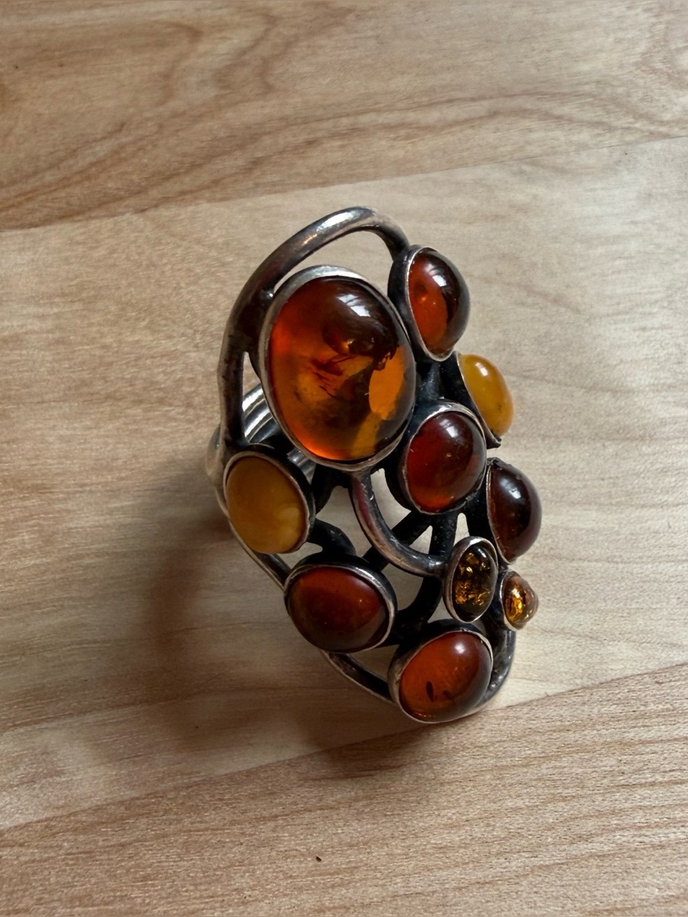 Vintage | Amber Glass Cabochon | Cocktail Ring | Silvertone Statement